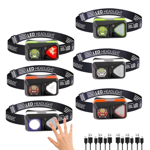 6 Pack Rechargeable Headlamp Flashlight, LED Head Lamp with White Red Light, Super Bright USB-C Headlight Motion Sensor Head Lamp for Adults 11 Mode Outdoor Camping Running Hiking Fishing