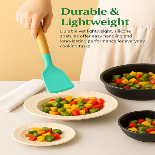 Image of Sakoraware Silicone Spatula Set with Wooden Handle Kitchen Tools Mixing | Serving Cooking Spoon | Turner | Soup Ladle | Non-Stick | BPA Free Kitchen Tool Set of 3 (Green)