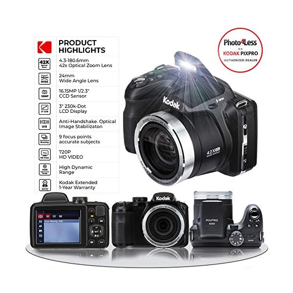 Kodak PIXPRO AZ421 Digitalkamera (schwarz) + Kameratasche + Transcend 16GB SDHC Class10 UHS-I Karte 400X Speicherkarte… – Bild 4