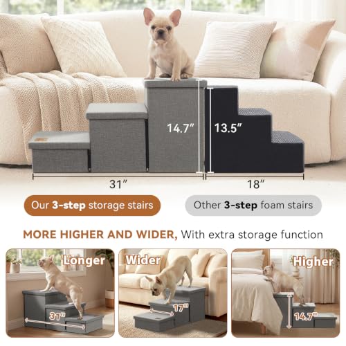 Image of Zerbuger Dog Stairs with Storage, Small Grey 3 Steps Dog Ramp no Condo | 18 inch H Wider Dog Steps for High Beds Couch, Folding Storage Pet Stairs Gift for Climbing Small /Medium /Large Old Dogs Cats