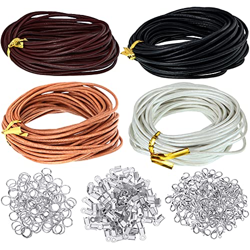 Leather Cord for Jewelry Making Kit, 24 Meters 2 mm Wide Leather Cord Leather Jewelry Rope and 250 Pieces Jewelry Findings Necklace Bracelets Craft Twine Accessories (Classic Colors)