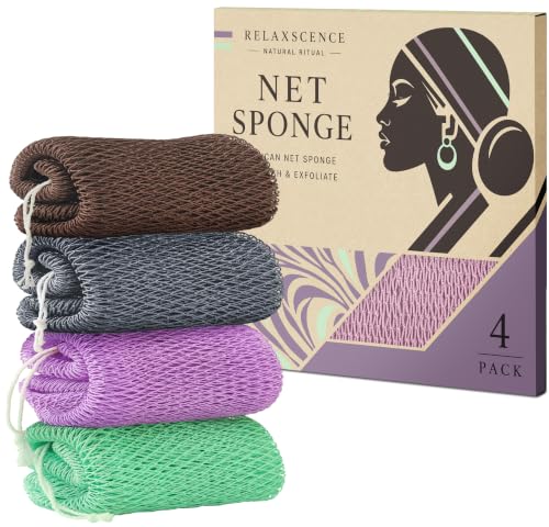 African Net Sponge Authentic - 4 Pack Exfoliating Body Scrubber Bath Sponge - Loofah Washcloth Back Scrub for Shower Body Exfoliator
