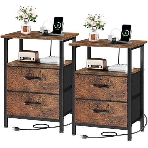 Vagusicc Nightstand Set of 2, Rustic Brown, with Charging Station and USB Ports, Bedside Table with 2 Fabric Drawers, 24.2" Tall Side Table with Storage Shelf,Small Night Stand for Bedroom/Living Room
