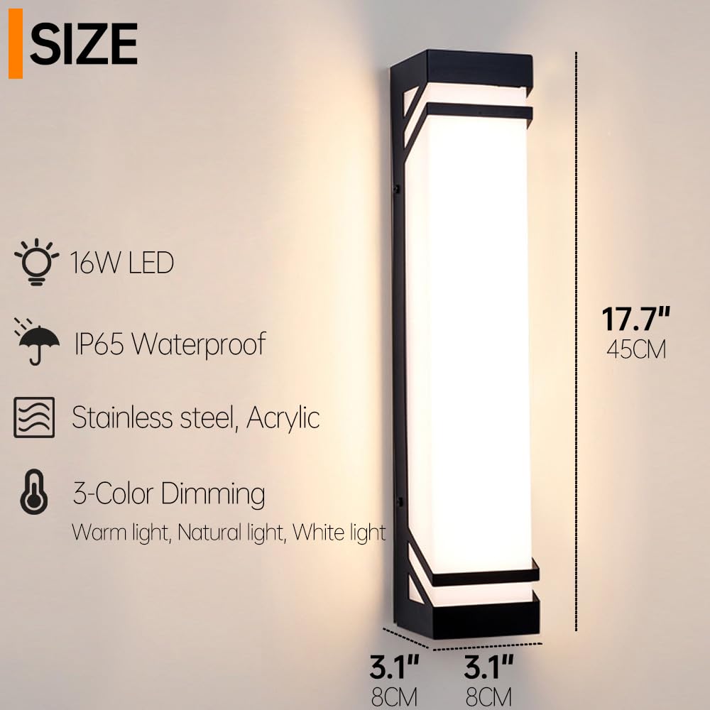 Wandleuchte für den Außenbereich, schwarz, lang, quadratisch, LED, mit weißem Acrylschirm, Veranda-Beleuchtung, dimmbar, Wandbeleuchtung für den Außenbereich, wasserdicht, für Leuchten von C