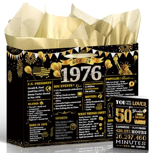 Black Gold 50th Birthday Gift Bag - Wixben Vintage 1976 Birthday Decorations Large Wrapping Bag with Handle Tissue Paper Greeting Card for 50 Year Old Women Men 50th Party Decor Supplies