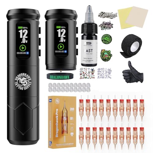 Dragonhawk A1 Pro Kit Tatuaje Completo de Máquina de Tatuar Rotativa Inalámbrica 4.0 mm Stroke Length con 2pcs Batería 2000 mAh y 20 Agujas de Tatuaje para Principiantes