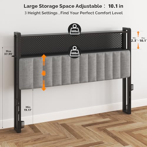 Image of VINGLI Full Size Headboard Only, Upholstered Head Board with 2 Tier Shelves and Pegboard with Charging Stations and LED Lights, Modern Bed Headboard with Storage for Bedroom Decor, Linen Gray