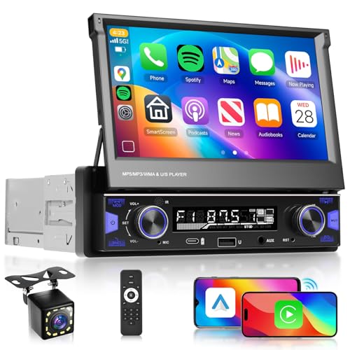 Single Din Car Stereo Screen Flip Out Wireless CarPlay Android Auto, Driauto Car Radio Bluetooth 1 Din 7 inch Touchscreen with AM FM Radio Car Audio Receiver Mirror Link,Type-C/USB/AUX Backup Camera