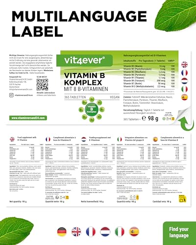 vit4ever Vitamin B Komplex - 365 Tabletten - 12 Monatsvorrat - Alle 8 B-Vitamine in 1 Tablette - Vitamin B1, B2, B3, B5, B6, B12, Biotin & Folsäure - Vegan
