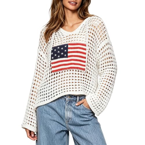 Image of Women's American Flag Crochet Sweater Long Sleeve Hollow Out Lightweight Knit Hoodie 2026 Summer Beach Cover Up Tops