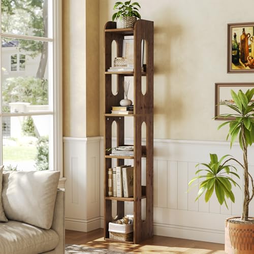 TRIBEWOOD Estantería de Madera Maciza, Librería Estrecha de 6 Niveles, 180 cm Mueble Estantería con Baldas Abiertas, Estante de Pie de Madera para Sala de Estar, Oficina en Casa, Dormitorio