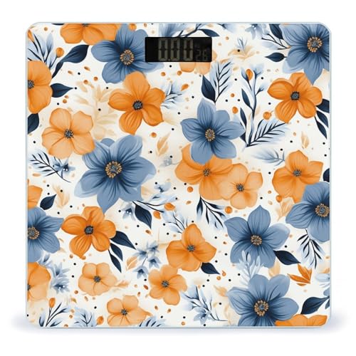 Báscula digital de vidrio templado con flores azul y naranja