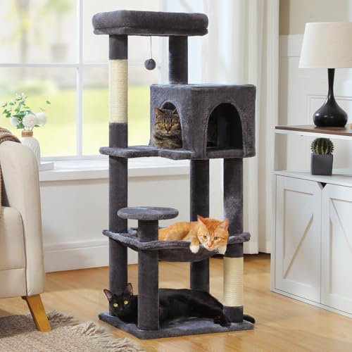 Image of MUTTROS Cat Tree for Indoor Cats, 44.5 inch Multi-Level Cat Tower with Large Metal Frame Hammock, Cat Condo with 2 Scratching Posts and Top Perch for Small to Medium Cats, Dark Gray