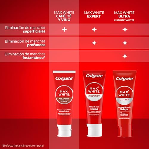 Miniatura 6 de Colgate Pasta de dientes blanqueadora Max White For Coffee 4 x 75ml, Tea & Wine, elimina hasta el 100% de las manchas superficiales, protege el esmalte de los taninos, segura para el esmalte