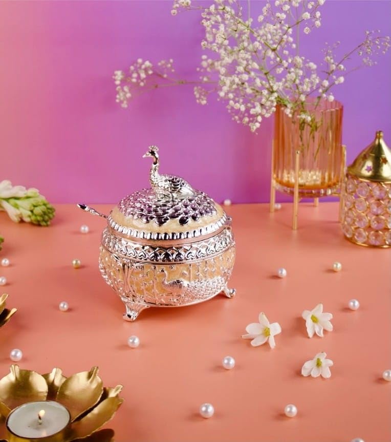 Premium Peacock Design Silver-Plated Decorative Dry Fruit & Sugar Pot with Spoon | Multipurpose Tableware Storage Bowl | Fancy Gift Item for Home & Kitchen (Peach) 1