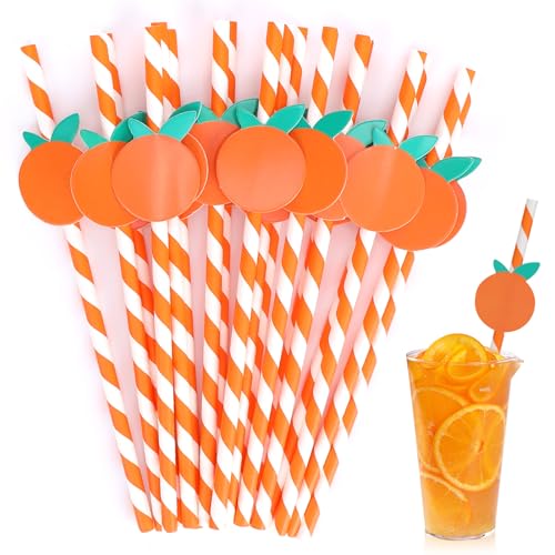 Orange Straws 30 Pcs Citrus Decor Striped Paper Straws 7.7 Inch Disposable Drinking Orange Straw for Bridal Shower New Year Birthday Wedding Juice Coffee Cold Drinks Cocktail Party Decoration