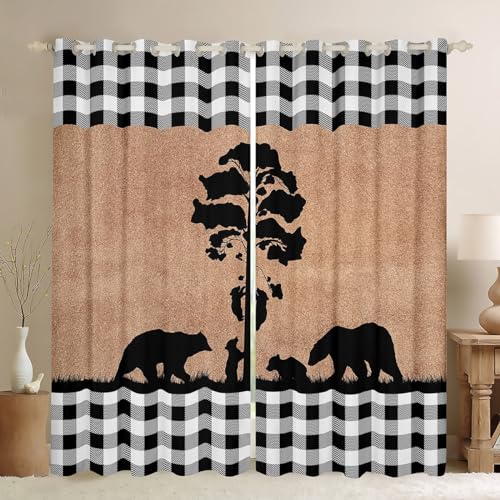 Bear Silhouettes Kids Window Curtains,Animals Trees Rustic Farmhouse Window Drapes for Boys Girls Adults,Geometric Grids Patch Brown Retro Window Treatments Grommet Top 2 Panel Set,52Wx90L inch