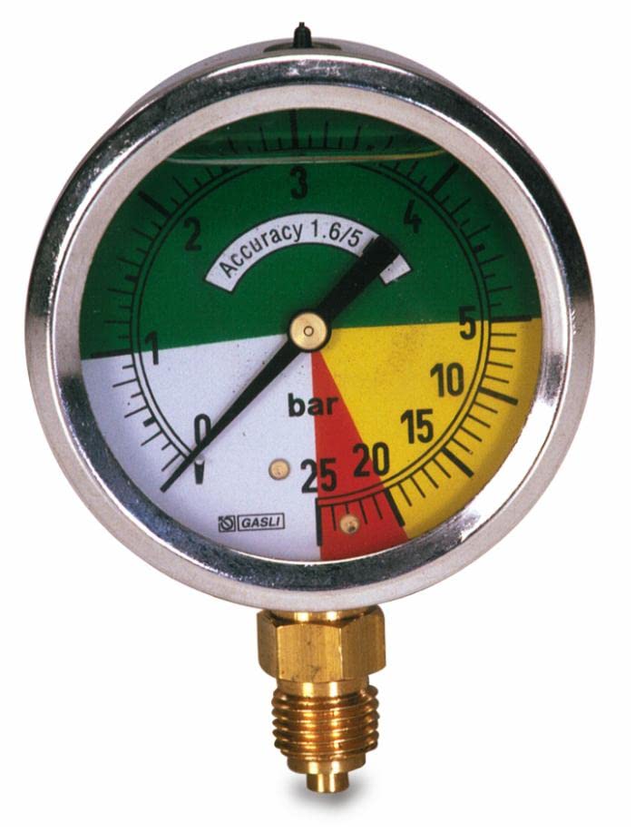 Manómetro isométrico de glicerina Ø 63 mm, escala 0-5/25 colores, rosca 1/4" cilíndrica