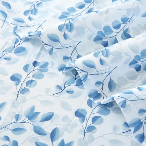 Image of MUXHOMO King Size 4 Piece Sheet Set, Soft Breathable Bed Sheet Set for Bedroom with Deep Pocket Up to 16 inch, Wrinkle-Free & Cooling Bedding for Oeko-TEX Certified - Blue Leaves