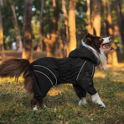 OneTigris Regenmantel Hund, RIDERSTORM Regenjacke wasserdichte Kältebeständig mit Abnehmbarer Kapuze Reflektierender Verstellbarer Hunderegenjacke Maschinenwaschbar Schwarz M