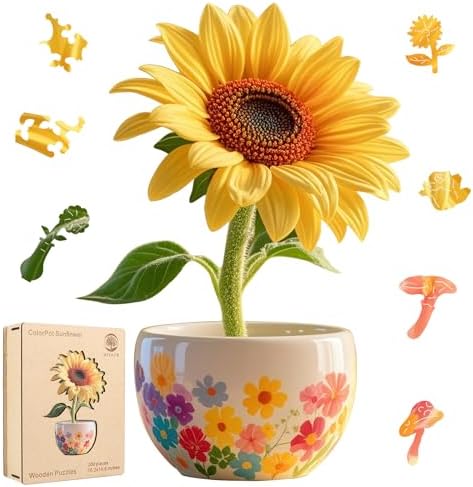 Wooden Puzzles for Adults, Unique Wooden Jigsaw Sunflower Puzzle, Colorful Flower Vase Design, Creative Gift Idea, Wood Puzzle Adult 200pcs, 10.2x14.6in