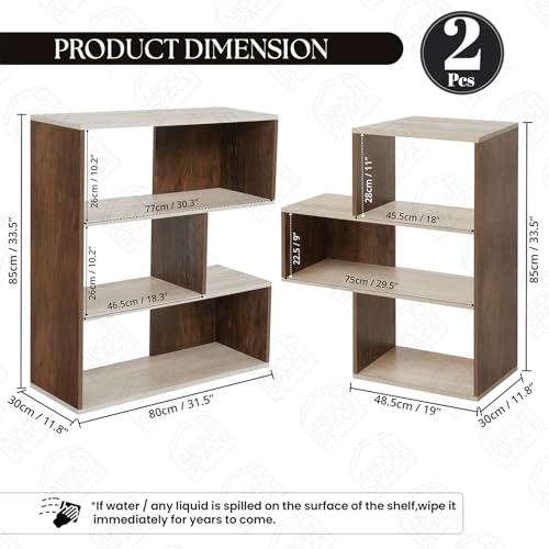 Image of ABOUT SPACE Book Shelf for Home Library-Rectangle /L-Shaped Rack for Storage 2 Ways 6 Compartment Book Stand Shelf for Bedroom, Livingroom Decor, Plants and Books (Oak White&Walnut-L128 x B30 x H85 cm)