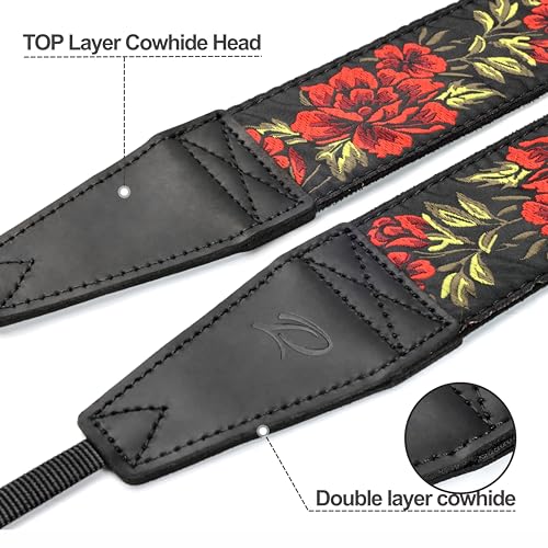 Image of Padwa Lifestyle Camera Strap - 2 inch Full Grain Leather Ends Camera Straps for Photographers, Vintage Embroidered Cotton Weave Soft Suede Fabric Padded Strap Quick Release fits All Cameras