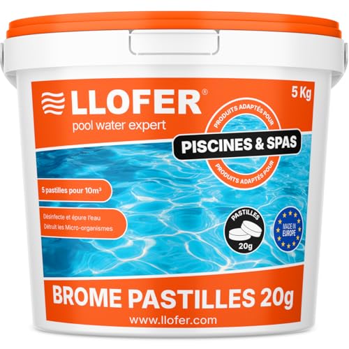 Llofer - 5kg Pastilles de Brome 20g - Dissolution Lente & Traitement Longue durée - Désinfection sans Odeur de Chlore - Aussi Efficace Que Le Chlore - Haute...