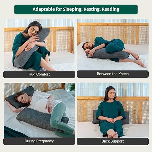 Image of The White Willow Half Body Soft Memory Foam Pillow Insert for Maternity, Side Sleeper, Back Support with Cuddle Pillow Zippered Cover - 10 inch X 30 inch, Grey