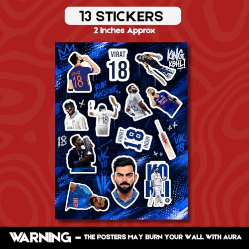 Image of Virat Kohli Gift Merchandise | 10 Premium Posters, 13 Stickers, 12 Photocards & 1 Split Poster | Aesthetic Virat Kohli Merchandise Gift Set for Cricket Fans | Posters Combo Pack for Room Decor