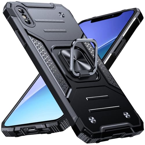 Image of Anqrp Heavy Duty Case for iPhone X /XS Case with Enhanced Ring Holder Grip Stand, Military Grade Shockproof Rugged Drop Protective Silicone Hard Slim iPhone X /XS Phone Case Cover, Matte Black