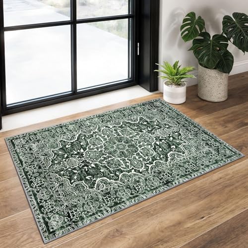 KUTA Vintage Small Area Rug 2x3 Dark Green Washable Entryway Rugs Non-Slip Ultra Soft Printed Floral Rug Doormat Accent Farmhouse Kitchen Throw for Entrance Bedroom Nursery
