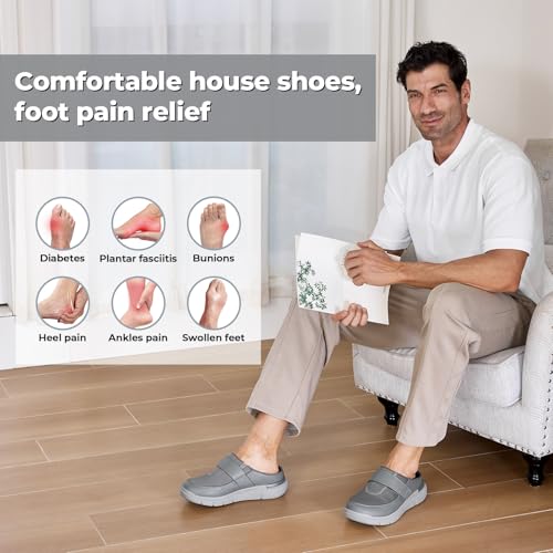 Image of FitVille Wide Slippers for Men Slip-On Wide Mens Mules Clogs for Swollen Feet Adjustable Indoors Lightweight Walking Shoes