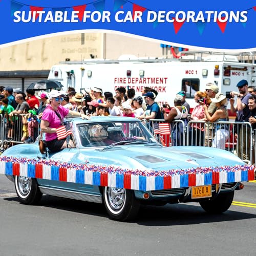 Image of MARFOREVER 105 FT 4th of July Parade Floats Decorations Set 4 Patriotic Foil Fringe Curtains and 4 American Tinsel Garland Red White and Blue Decorations for Independence Memorial Day Party Decor