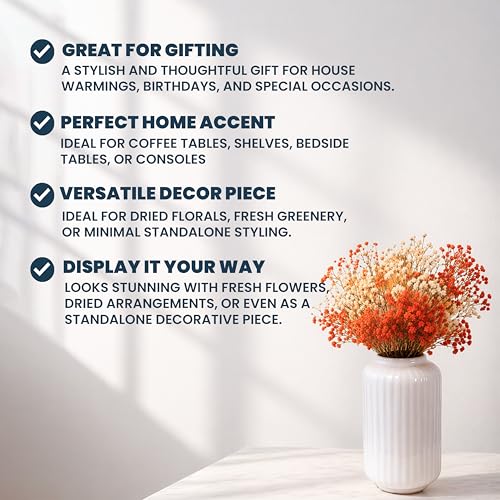 Image of Art Street Decorative Boho Ceramic Vase Premium Shell Ribbed Modern Table Bookshelf Decor Classic Flower Pot for Home, Office, Living Room, Decoration, (White, Size : 5x9 Inch)