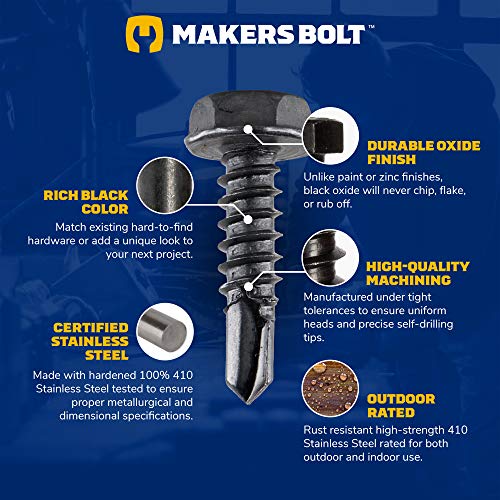 410 Stainless Steel #8 x 1/2\" Hex Washer Head Self Drilling Screws (100 pcs) Black Oxidized in USA by Makers Bolt