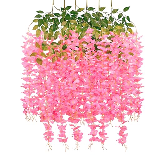 Image of Tdas Artificial Flower Wisteria Hanging Vine for Home Decoration Plants Plastic Flowers Decor Items Decorative Bunch Creepers Garlands Leaves Wedding Room, 110 CM (Dark Pink, 6)