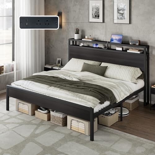 Image of AMERLIFE King Size Bed Frame with Storage Headboard & Charging Station, Industrial Metal Platform Bed with Large Under-Bed Storage, Heavy Duty Slats, No Box Spring Needed, Black