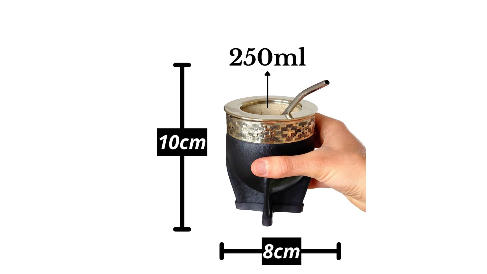 Taza Mate Imperial Calabaza Argentina - Hecho de Interior Calabaza Natural - Exterior Cuero Negro con Plata Alemana (Alpaca)- Incluye Bombilla de Acero Inoxidable