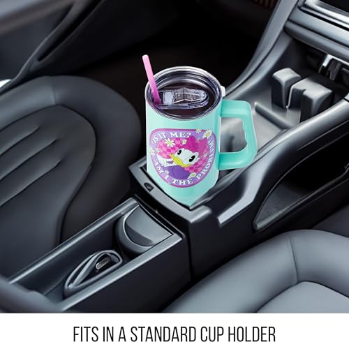Image of Silver Buffalo Disney Daisy Duck inchIs It Me? Am I the Problem? inch Stainless Steel Tumbler with Handle, Fits in Standard Cup Holder, 40 Ounces