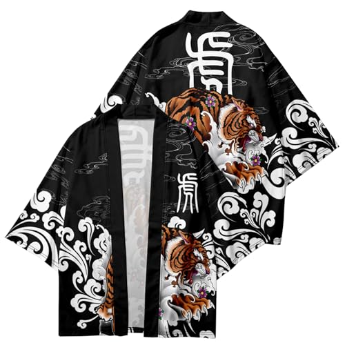 Image of DOSLAVIDA Men's Japanese Kimono Cardigan Suit Chinese Style Printed Jacket Pants Set Open Front Seven Sleeve Top & Shorts