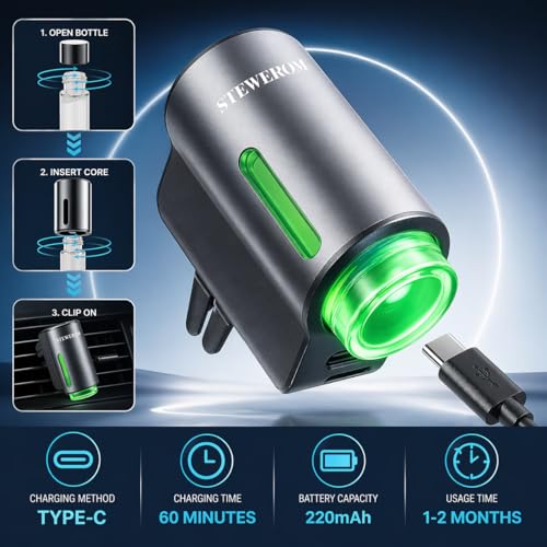 Image of Car Air Freshener - Smart Adjustable 3-Speed Intensity, Rechargeable Humidifier Car Essential Oil Diffuser - Comes with 8 Bottles of 10ml Perfume (Gray)