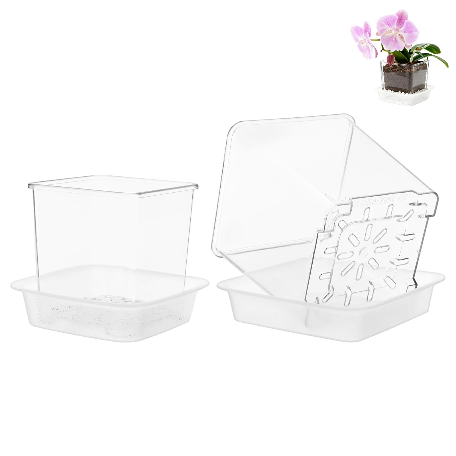M METERXITY 2-Set Clear Plant Nursery Pots, 5 Inch 6 Inch Acrylic Transparent Planter Orchid Pots with Drainage Holes and Trays for Indoor/Home/Office/Succulents/Herbs/Flowers [Clear] — image 1