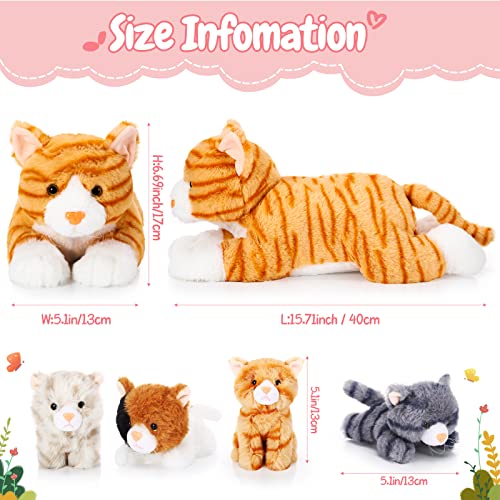 Skylety 5 Stück Plüsch Katzen Set Enthält Groß Katze Stofftier Weich Kuscheltier mit 4 Flauschig Plüschtier Kätzchen im Bauch Mama Katze zum Kuschel Schlaf Geburtstag Geschenk (Orange)