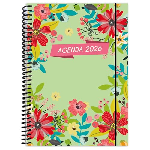 EDIDÁCTICA Agenda 2026 A5 Un Día Por Página 320 Hojas Con Calendario Mensual Diseño Floral Colorido Papel 80g Antitransparente Tapa Plástica Espiral Reforzada Con Goma Ideal Oficina Escuela