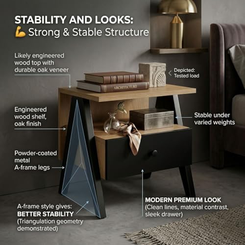 Image of FFO Modern Bedside Table with Drawer & Open Shelf, Wooden Top with Metal Frame, Compact Nightstand for Bedroom, Side Table with Storage, End Table for Living Room (45x35x40 cm, Oak Finish & Black).
