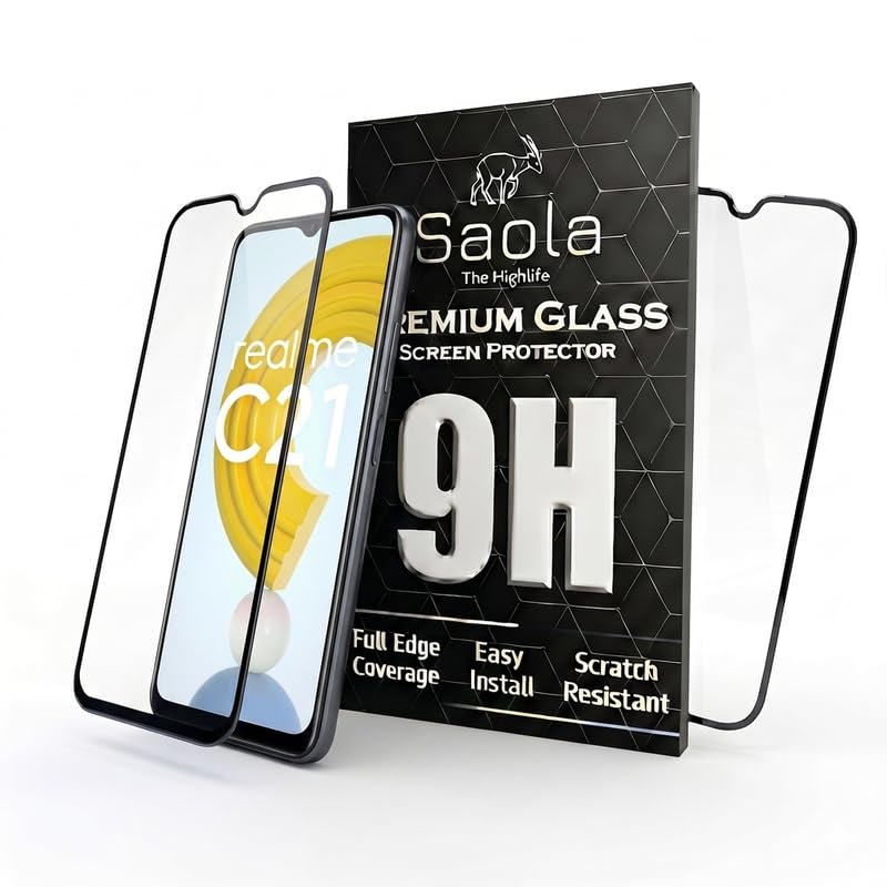 Image of Saola HD+ Oleophobic Tempered Glass Screen Protector For Realme C21 (Pack Of 2) with Free Installation Kit. Full screen Coverage - 6.5 inch