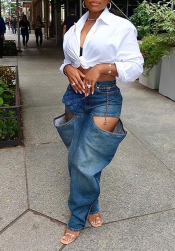 Cargo Denim Pants for Women High Waisted Casual Pants Wide Leg Y2k Lounge Streetwear with Pockets3