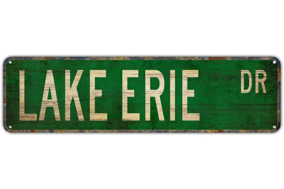 Lake Erie Dr Vintage Street Sign, 4x16 Inch Rustic Location Themed Wall Decor, Retro Metal Sign for Home, Garage, Bar, Farmhouse, Outdoor Patio, Man Cave, Waterproof Tin Sign, Durable Wall Art