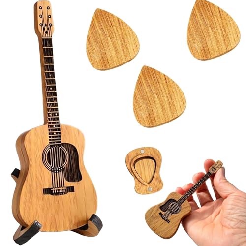 Akustikgitarre Plektrum Box, Holz Plektren Gitarre, Guitar Picks box mit 3 Gitarrenplektren, Gitarren Plektrum für E-Bass, Gitarre, Ukulelen